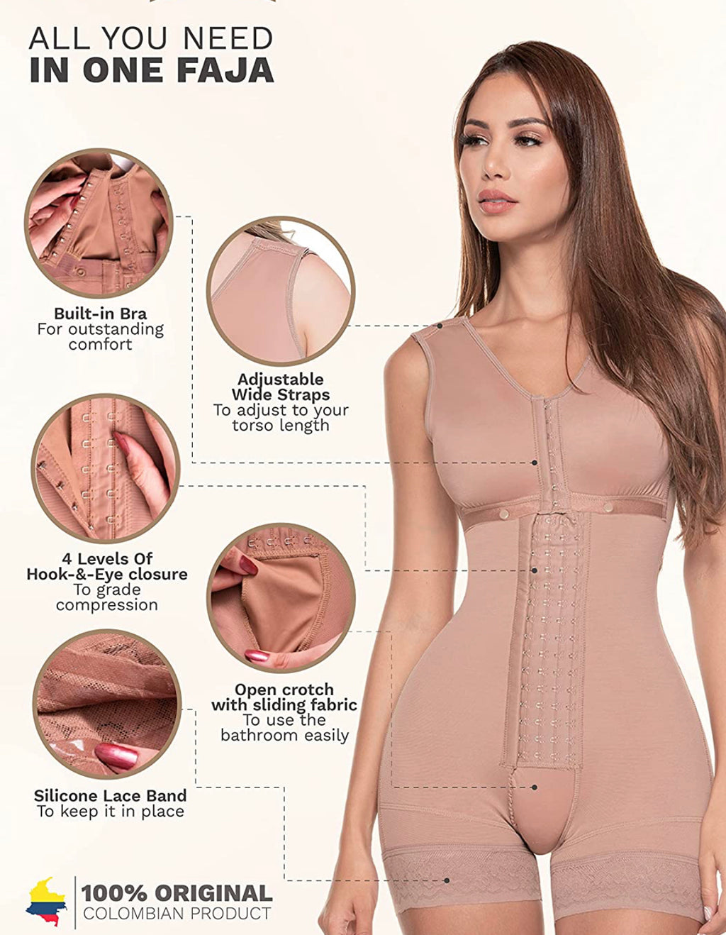 Woman Open Bust Tummy Control Shapewear Postpartum Body Shaper Post Liposuction  Bodysuit Hook Eye High Waist Fajas size XXXL Color Beige