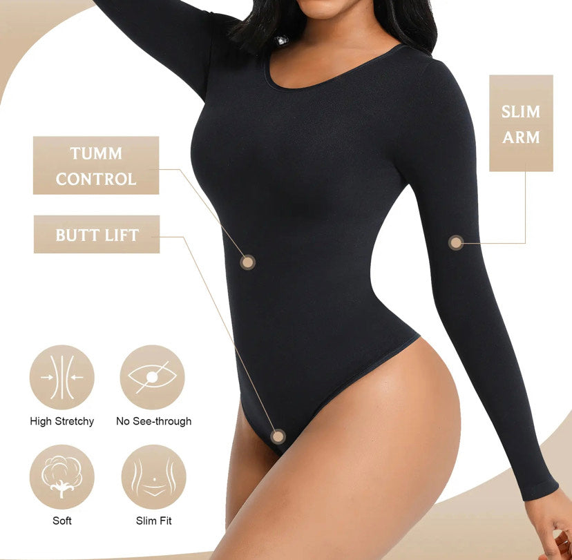  Long Sleeve Shirt Square Neck Bodysuit For Women Thong Butt  Lifting Slim Going Out Tops Daily Casual Jumpsuit Black XL